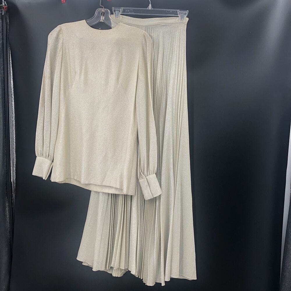 Vintage Women's 2 Piece Blouse & Pleated Wide Leg Pants Long Sleeve Ivory Size 6